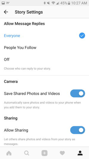 Pomocou nastavení môžete automaticky ukladať fotografie a videá, ktoré pridáte do svojho príbehu, na smartphone