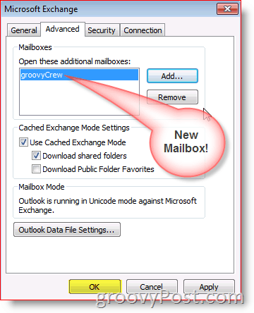 Screenshot programu Outlook 2010 pridať kartu s poštovými schránkami pre pokročilých