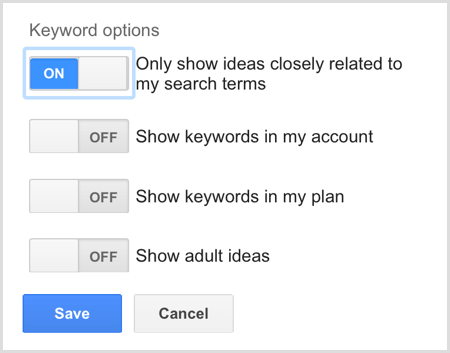 Možnosti hľadania kľúčových slov v Plánovači kľúčových slov Google AdWords