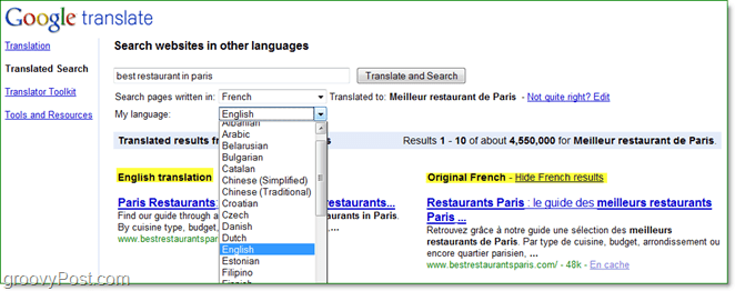 vyhľadajte internetové stránky v rôznych jazykoch a čítajte ich vo svojom vlastnom jazyku pomocou preloženého serachu od spoločnosti Google