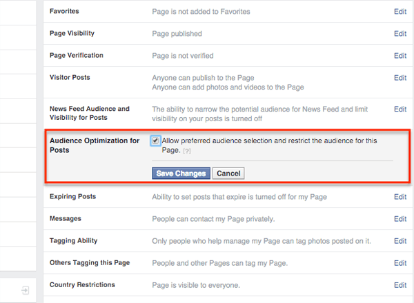 optimalizácia publika na facebooku pre nastavenie príspevkov na