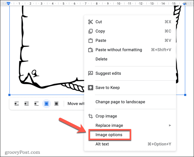 Otvorenie ponuky možností obrázka v Dokumentoch Google