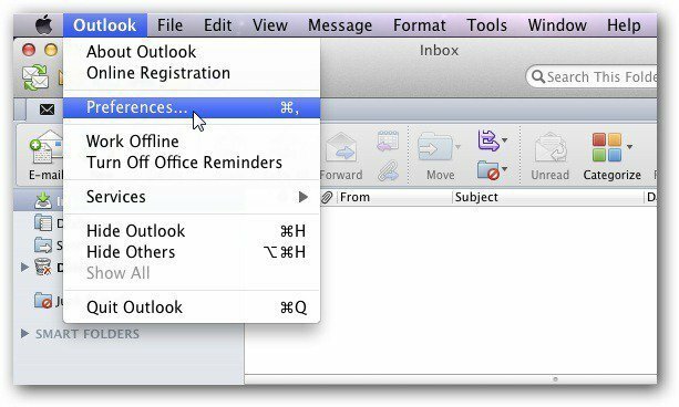 Predvoľby programu Outlook Mac