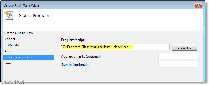 Screenshot: Windows 7 Task Scheduler Create Basic Task Path Jucheck.exe