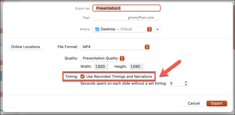 Používanie zaznamenaných časovaní pre exportované video v PowerPointe pre Mac
