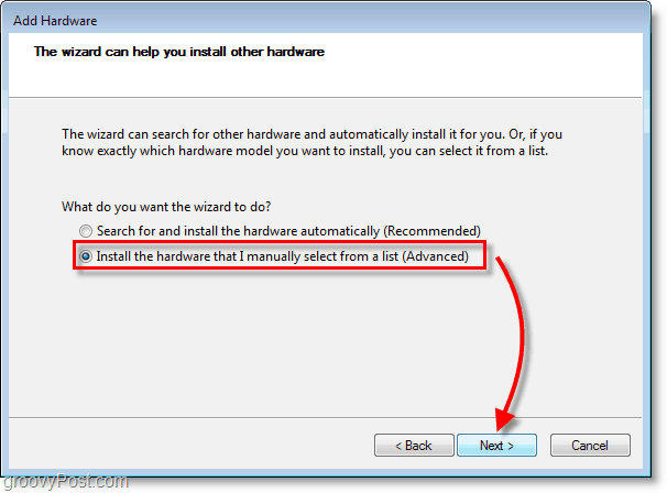 Windows 7 Networking Screenshot - kliknite na inštaláciu hardvéru, ktorý vyberiem manuálne zo zoznamu foriem (rozšírené)