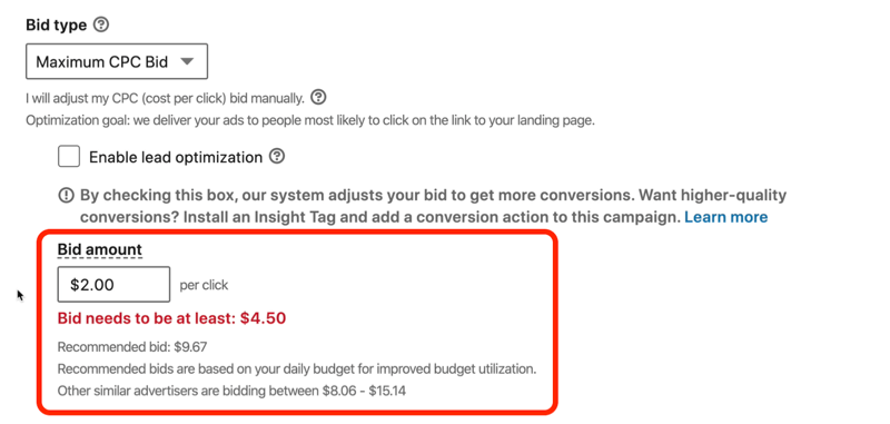 snímka obrazovky červenej správy s textom „Ponuka na LinkedIn musí byť minimálne 4,50 USD“