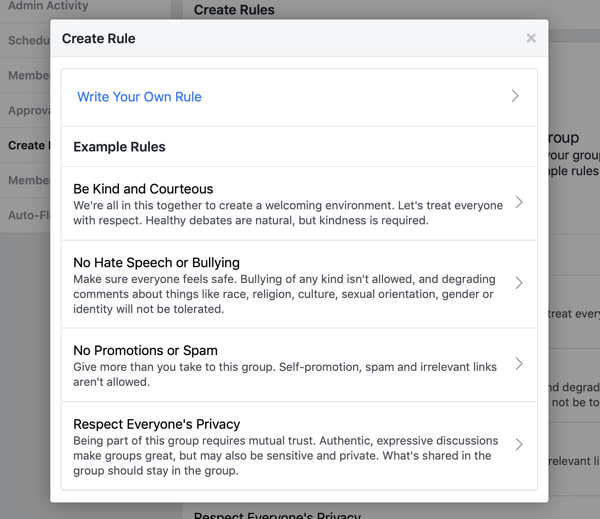 Ako vylepšiť svoju komunitu na Facebooku, príklad vopred napísaných pravidiel pre Facebook