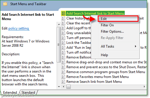 kliknutím na odkaz pridať internet na vyhľadávanie spustite ponuku a potom kliknite na možnosť úpravy z kontextovej ponuky systému Windows 7