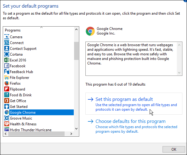 Zmeňte predvolený prehliadač v systéme Windows 10 Anniversary Update