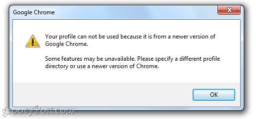 Váš profil nie je možné použiť, pretože pochádza z novšej verzie prehliadača Google Chrome. Niektoré funkcie nemusia byť k dispozícii. Zadajte iný adresár profilu alebo použite novšiu verziu prehliadača Chrome.