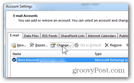 Pridať poštovú schránku Outlook 2013 - kliknite na tlačidlo Zmeniť