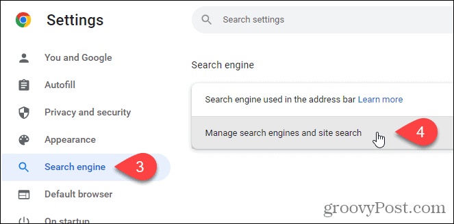 Kliknite na položku Spravovať vyhľadávače a vyhľadávanie na stránkach na obrazovke Vyhľadávacieho nástroja v prehliadači Chrome