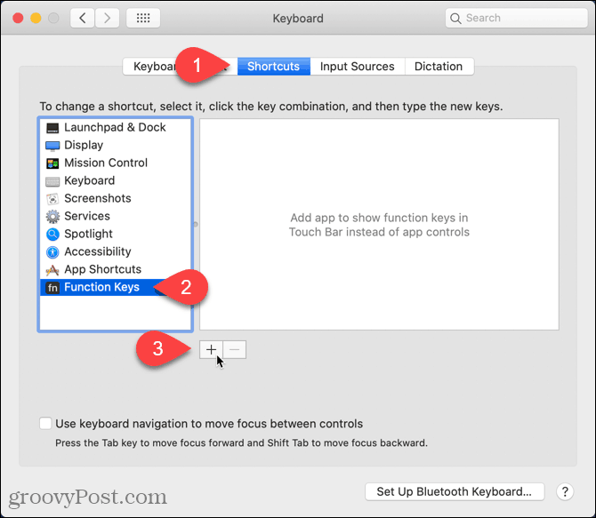 Na obrazovke Mac Shortcuts kliknite na ikonu plus