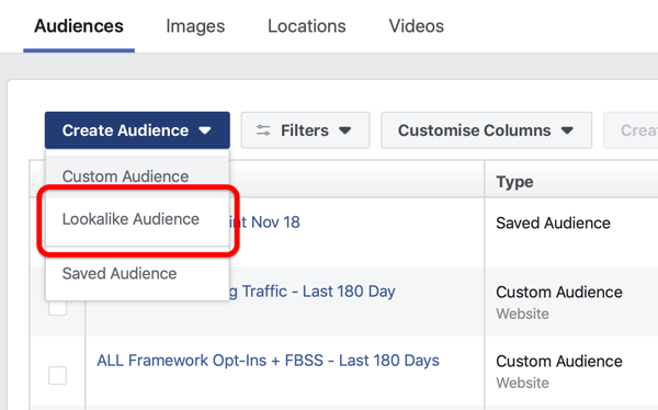Možnosť vytvoriť Facebook Lookalike Audience v časti Create Audience in Facebook Ads Manager.