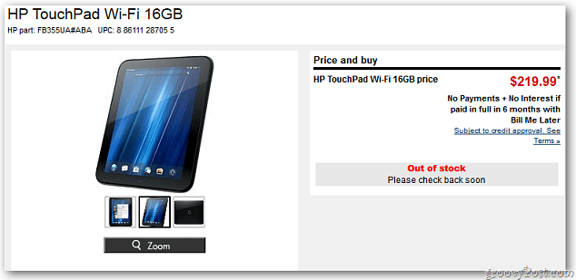 Webová stránka HP TouchPad