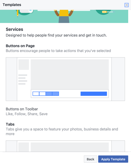 Rôzne šablóny stránok na Facebooku obsahujú rôzne výzvy na akciu, tlačidlá na paneli nástrojov a karty, ktoré sú konkrétne vybrané a usporiadané pre daný typ firmy.