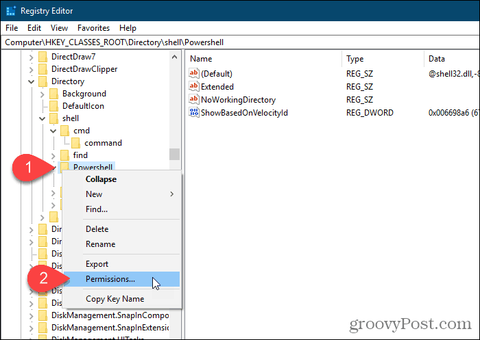 Vyberte položku Povolenia pre kľúč Powershell v editore databázy Registry systému Windows