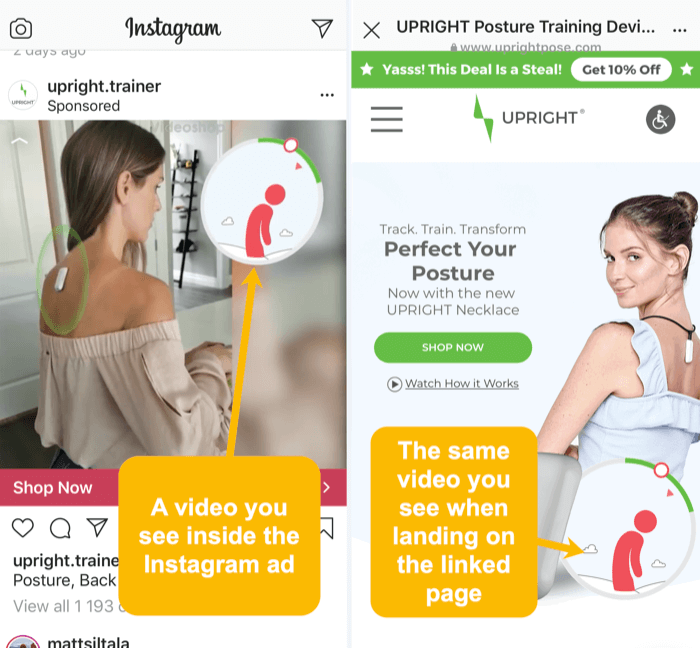 rovnaké video a vizuálne prvky v reklame Instagram a na odkazovanej vstupnej stránke