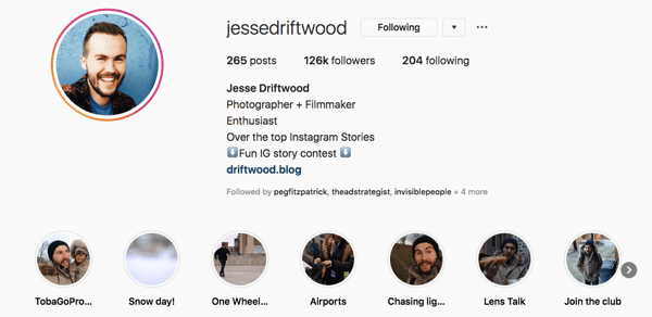 Instagramový profil Jessie Driftwood.