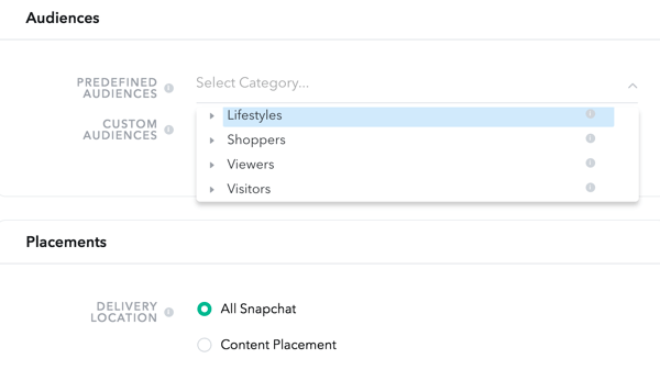Snapchat vám umožňuje vybrať si publikum zo štyroch preddefinovaných kategórií.