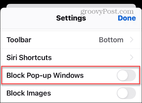 Možnosť Blokovať kontextové okná v nastaveniach iPhone Firefox