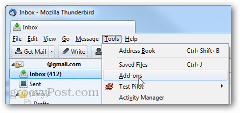 nástroje Thunderbird> doplnky