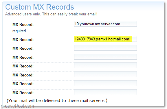 vložiť informácie o vašom serveri mx pre živé služby na stránku rozšírených možností vašej domény pre vlastné záznamy mx