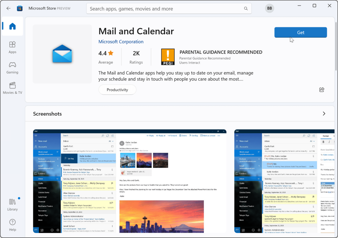 preinštalujte aplikáciu Mail Microsoft Store
