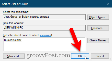 Zatvorte dialógové okno Vybrať používateľa alebo skupinu v editore databázy Registry systému Windows