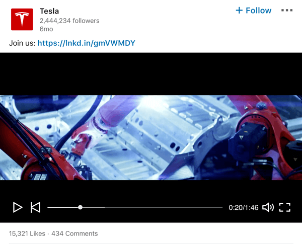 Príklad príspevku na videu na stránke spoločnosti Tesla LinkedIn.