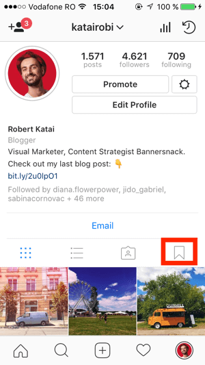 Ak chcete vytvoriť zbierku, prejdite do svojho profilu Instagram a klepnite na ikonu Záložka.