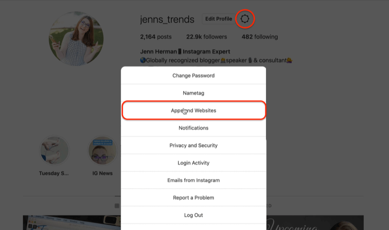 ikona profilu zariadenia instagram upraviť možnosti ponuky nastavení zvýrazňujúce možnosť aplikácie a weby