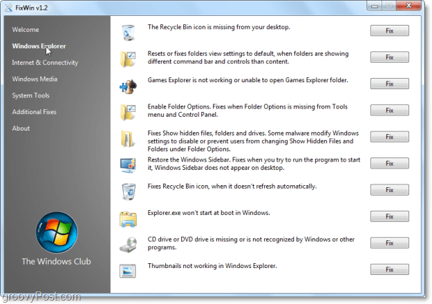 FixWin Prieskumník systému Windows opraví snímku obrazovky