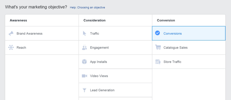 Marketingová stratégia sociálnych médií; Screenshot z cieľa Konverzie v aplikácii Facebook Ads Manager.