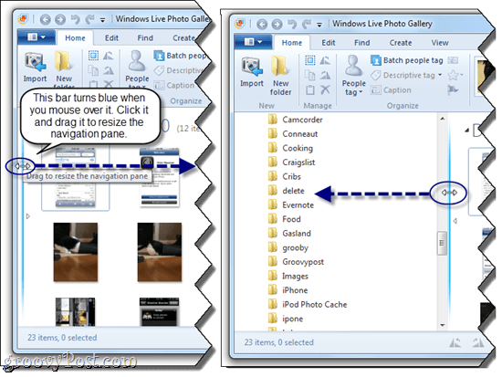 Zmena veľkosti podokna navigácie v programe Windows Live Photo Gallery