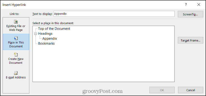Odkaz na umiestnenie dokumentu v programe Word vo Windows