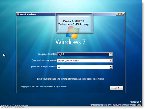 Inštalácia systému Windows 7 - Spustite výzvu CMD pomocou klávesov Shift + F10