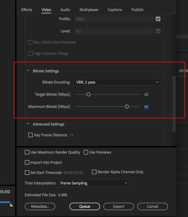Nastavenie zmeny dátového toku pri exporte videa z aplikácie Adobe Premier Pro.