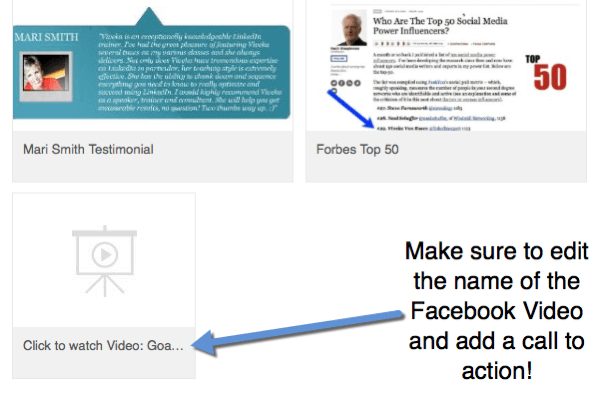 Keď do svojho profilu pridáte odkazy na videá z Facebooku, upravte názov tak, aby obsahoval výzvu na akciu zameranú na sledovanie videa.