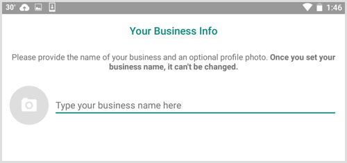 Zadajte názov svojej firmy na obrazovke Informácie o vašej firme v aplikácii WhatsApp Business