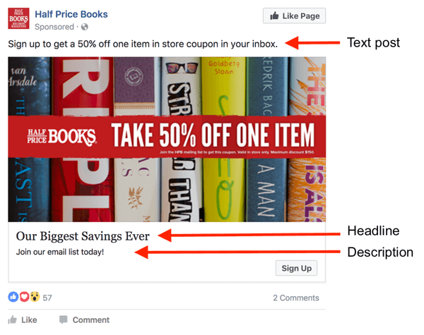 V reklame na Facebooku existujú tri oblasti pre text.