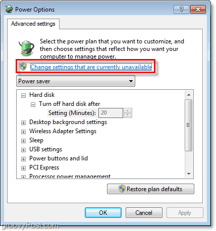 kliknite na nastavenia zmien, ktoré momentálne nie sú k dispozícii, a potom sa v okne s možnosťami rozšíreného plánu napájania v systéme Windows 7 zobrazia všetky sivé nastavenia.