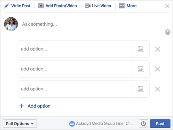 V skupinovom príspevku na Facebooku kliknite na položku Anketa a potom napíšte otázku alebo výzvu. 