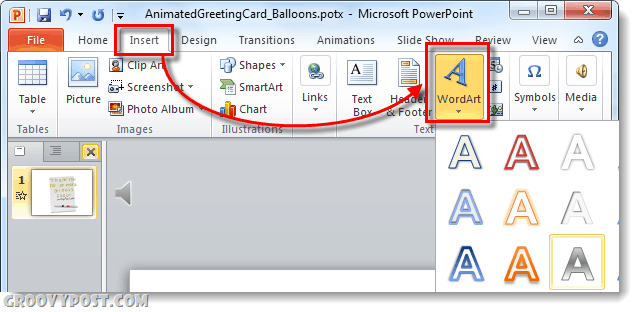 vložte wordart do Powerpoint 2010 e-kariet