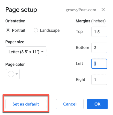Nastavenie stránky je v aplikácii Dokumenty Google nastavené ako predvolené