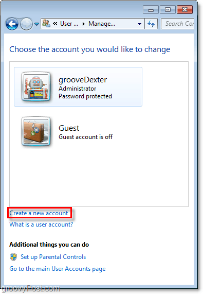 zo stránky prehľadu účtov systému Windows 7 použite odkaz na vytvorenie nového účtu