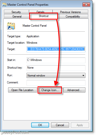 Snímka obrazovky systému Windows 7 - ako zmeniť ikonu skratky