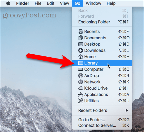 Prístup do priečinka Library (Knižnica) pomocou ponuky Go (Vyhľadať) v aplikácii Finder na počítačoch Mac
