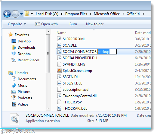 odstrániť alebo premenovať sociálny konektor .dll pre program Outlook 2010